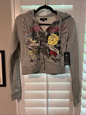 Ed Hardy Gray Zip-Up Hoodie with Yellow Rose Graphic-NWT
